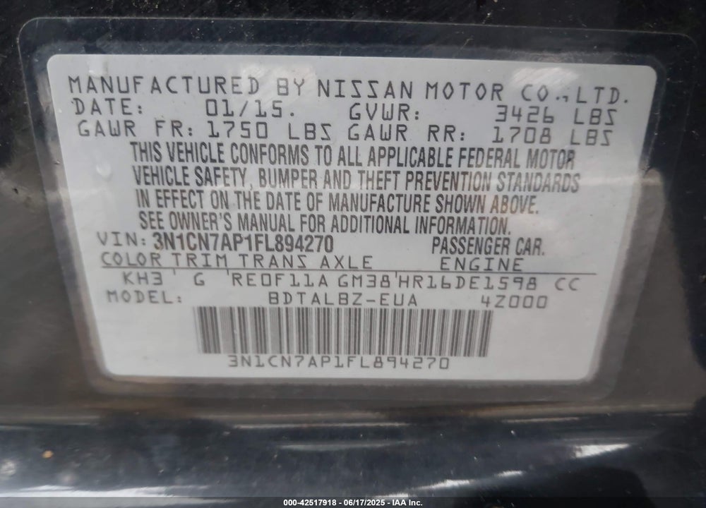 2015 NISSAN VERSA VIN: 3N1CN7AP1FL894270