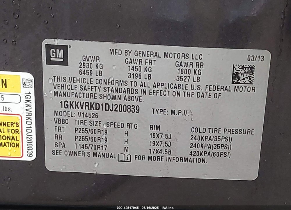 2013 GMC ACADIA SLT-1 VIN: 1GKKVRKD1DJ200839