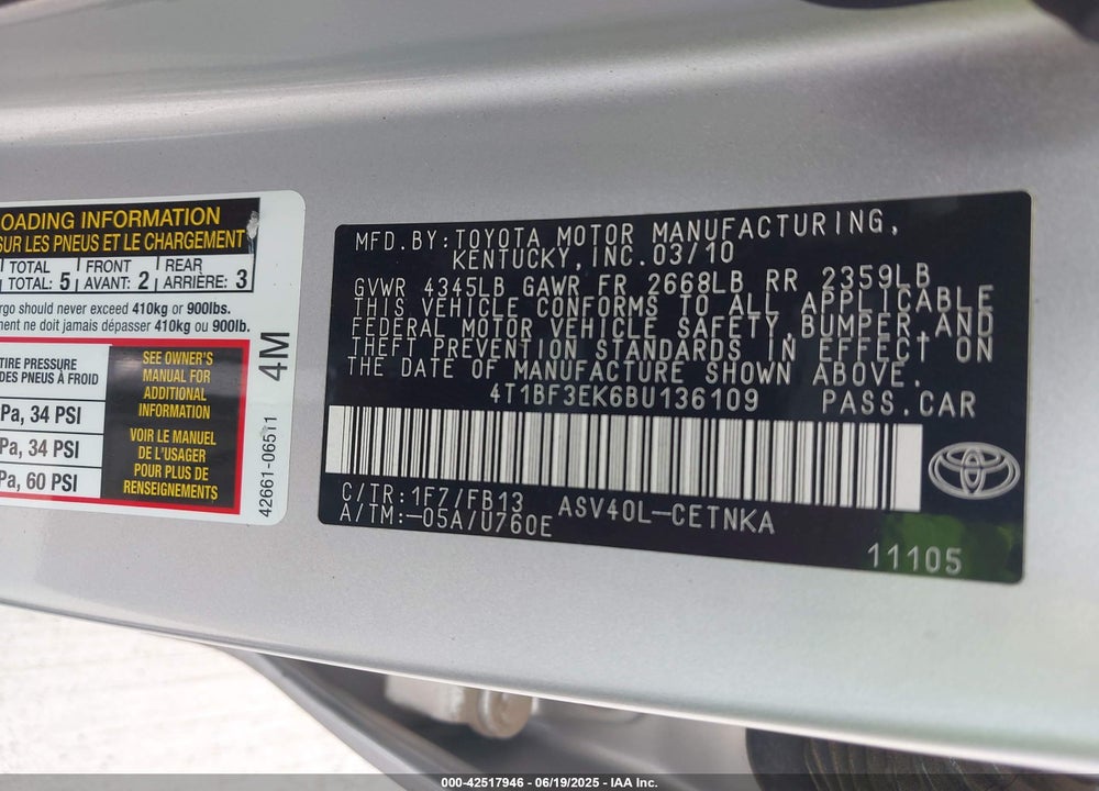 2011 TOYOTA CAMRY LE VIN: 4T1BF3EK6BU136109