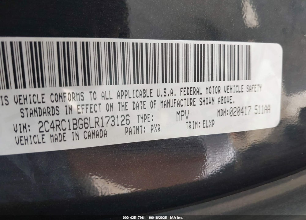 2020 CHRYSLER PACIFICA TOURING L VIN: 2C4RC1BG6LR173126