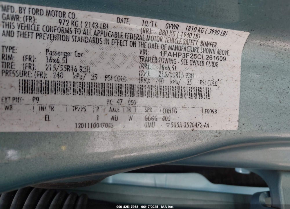 2012 FORD FOCUS SE VIN: 1FAHP3F25CL261609