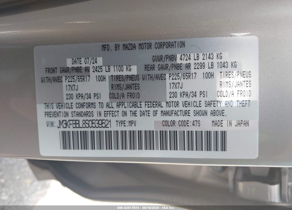 2025 MAZDA CX-5 2.5 S SELECT VIN: JM3KFBBL8S0539521