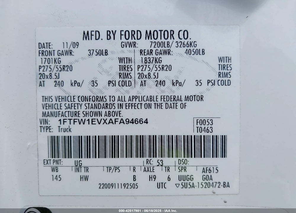 2010 FORD F-150 VIN: 1FTFW1EVXAFA94664