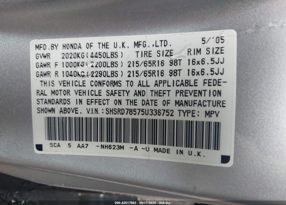 2005 HONDA CR-V VIN: SHSRD78575U336752