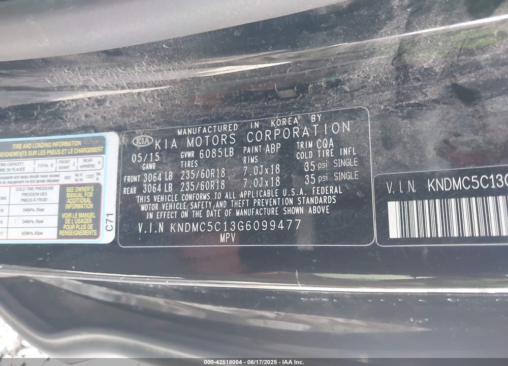 2016 KIA SEDONA EX VIN: KNDMC5C13G6099477