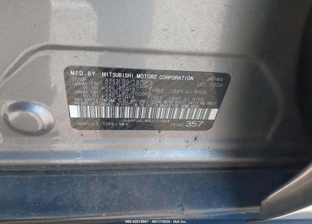 2021 MITSUBISHI OUTLANDER SPORT VIN: JA4APVAU8MU011884