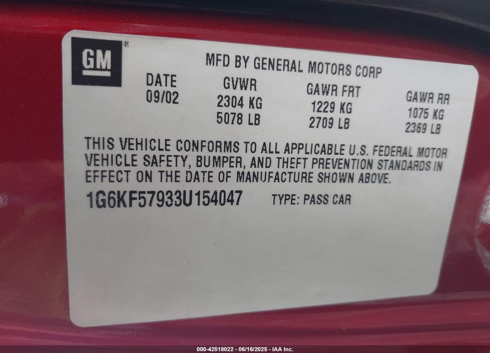 2003 CADILLAC DEVILLE DTS VIN: 1G6KF57933U154047