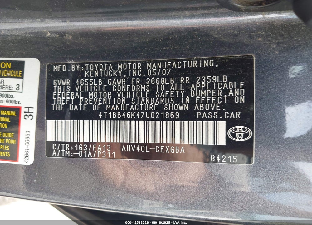 2007 TOYOTA CAMRY HYBRID VIN: 4T1BB46K47U021869
