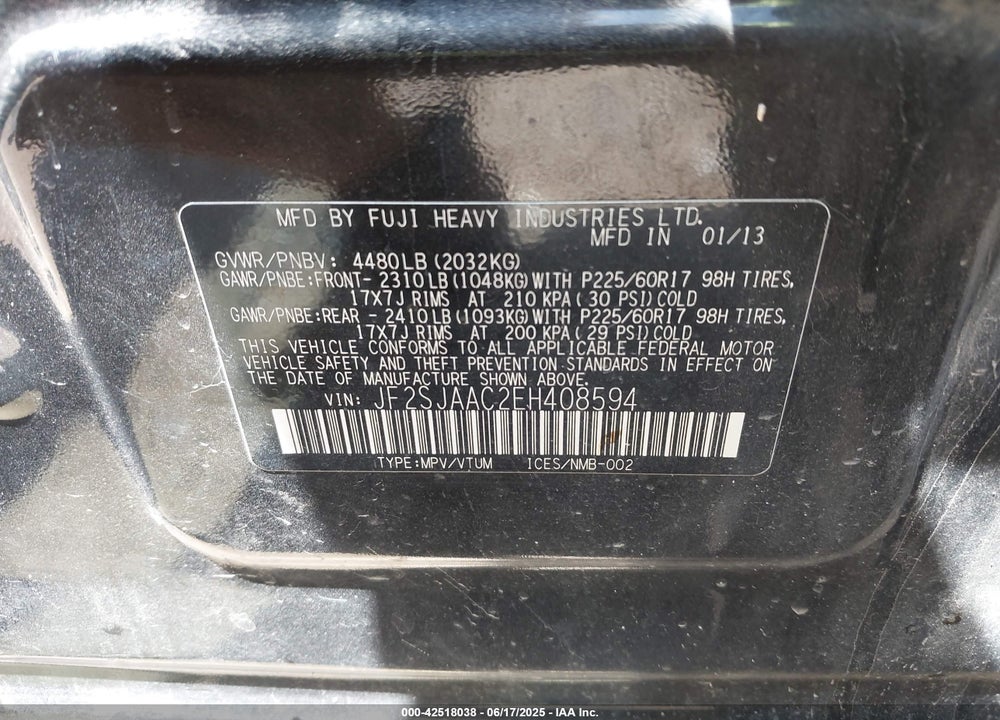 2014 SUBARU FORESTER VIN: JF2SJAAC2EH408594