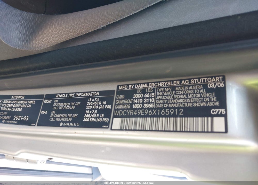 2006 MERCEDES-BENZ G-CLASS VIN: WDCYR49E96X165912