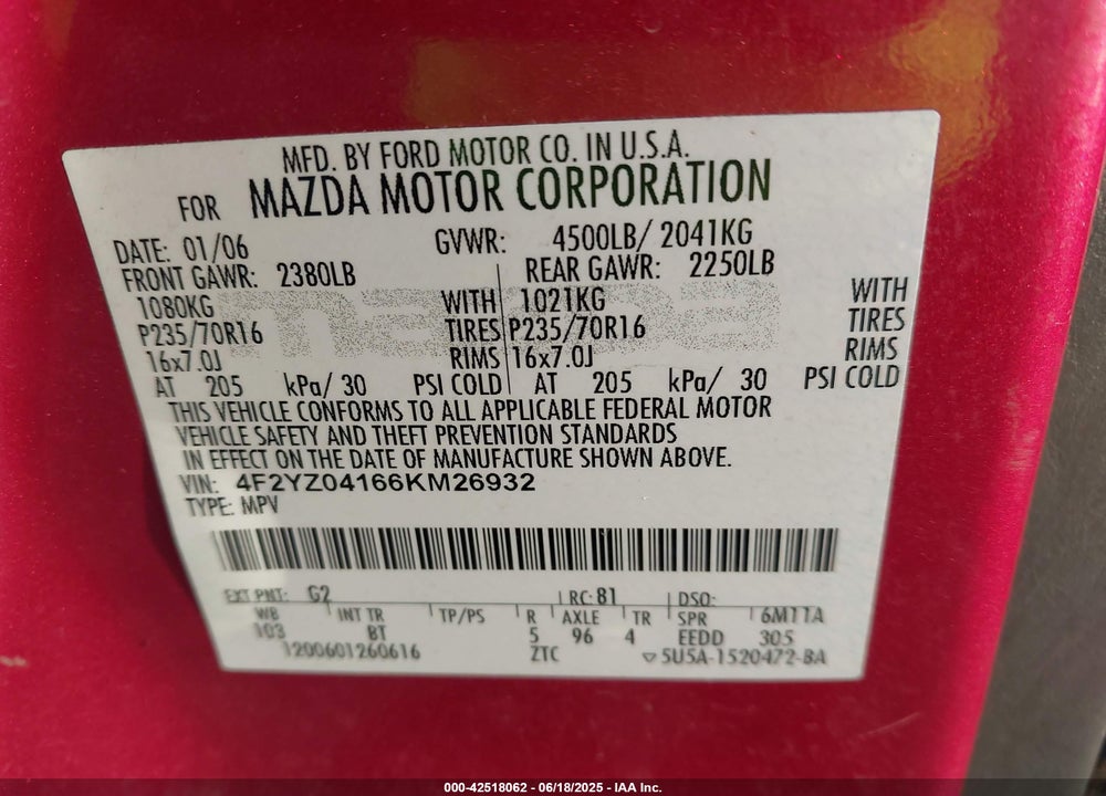 2006 MAZDA TRIBUTE S VIN: 4F2YZ04166KM26932