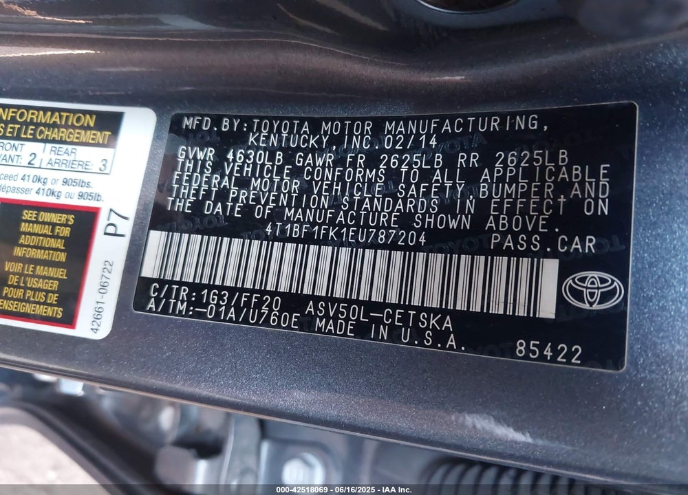 2014 TOYOTA CAMRY VIN: 4T1BF1FK1EU787204