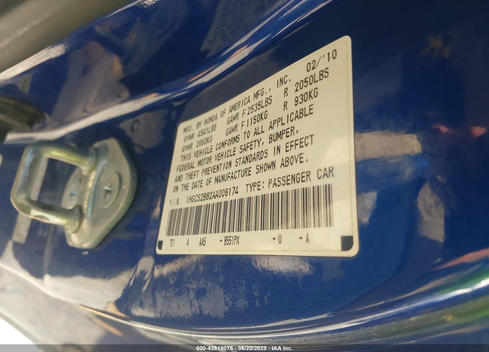 2010 HONDA ACCORD VIN: 1HGCS2B82AA006174
