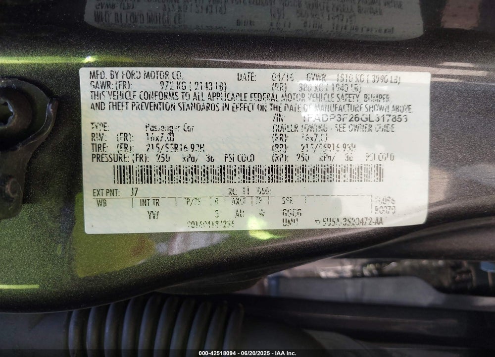 2016 FORD FOCUS VIN: 1FADP3F26GL317853