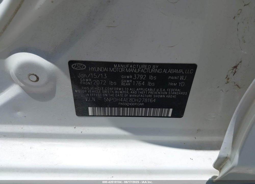 2013 HYUNDAI ELANTRA VIN: 5NPDH4AE8DH278164