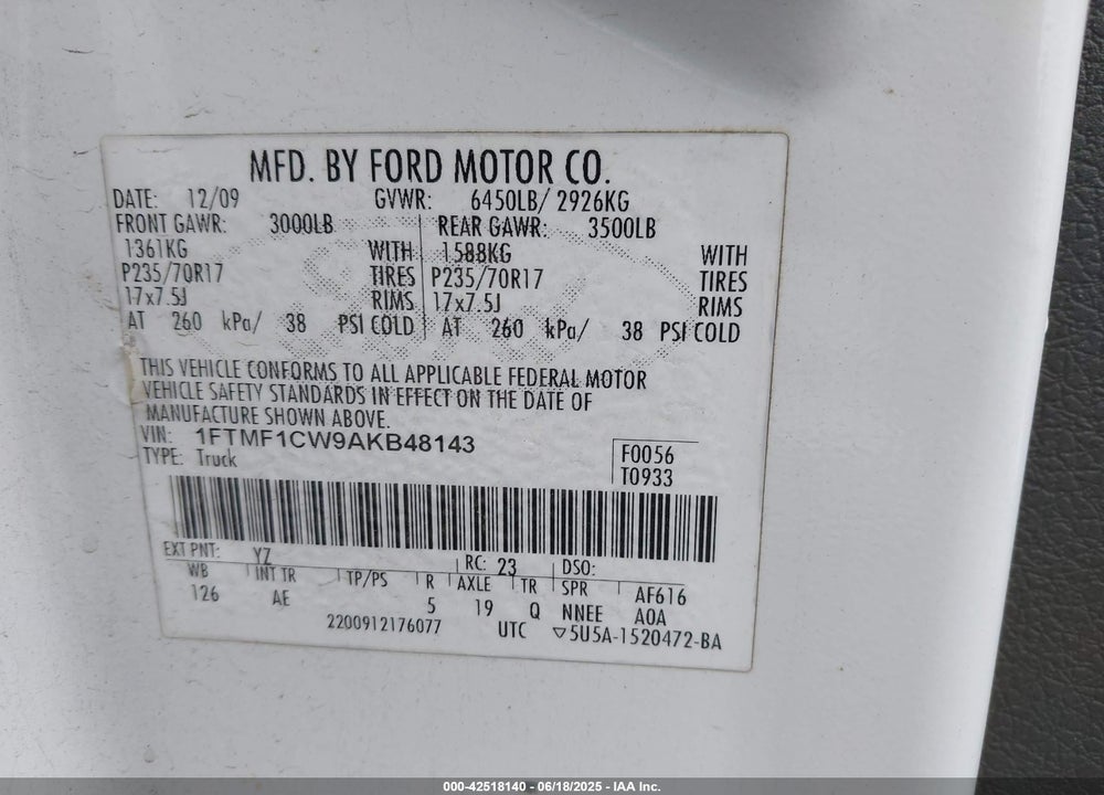 2010 FORD F-150 STX/XL/XLT VIN: 1FTMF1CW9AKB48143