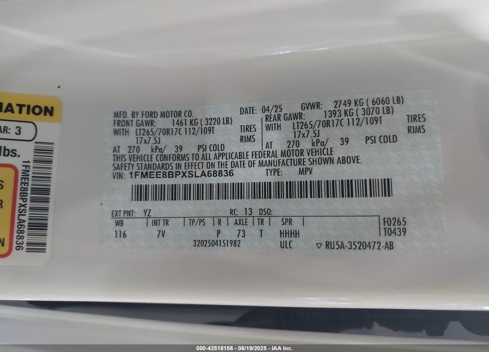 2025 FORD BRONCO VIN: 1FMEE8BPXSLA68836