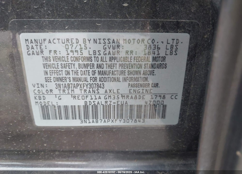 2015 NISSAN SENTRA VIN: 3N1AB7APXFY307843