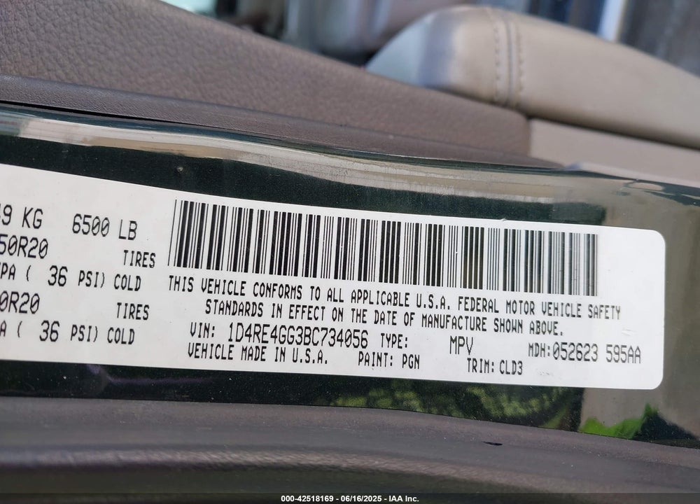 2011 DODGE DURANGO VIN: 1D4RE4GG3BC734056