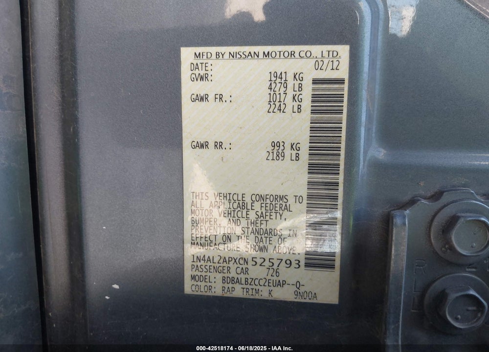 2012 NISSAN ALTIMA VIN: 1N4AL2APXCN525793