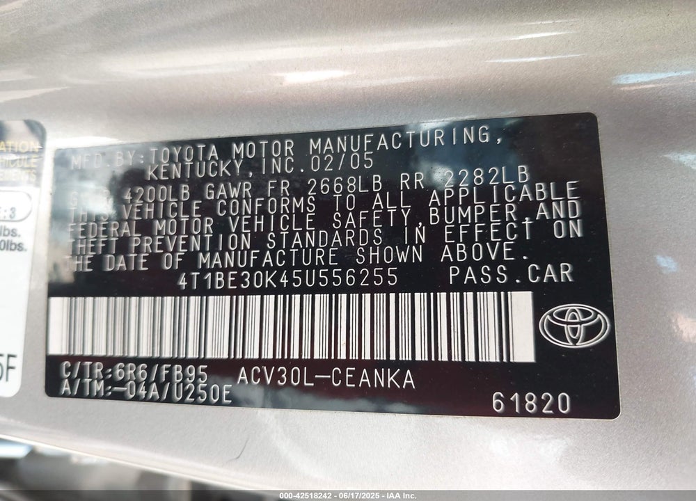 2005 TOYOTA CAMRY LE VIN: 4T1BE30K45U556255