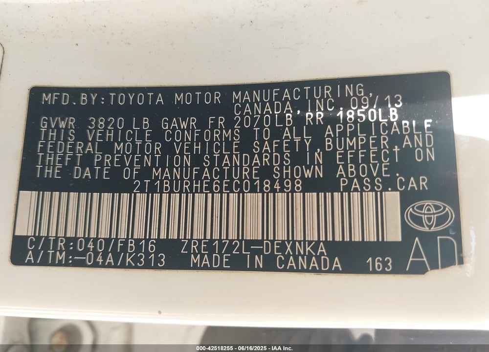 2014 TOYOTA COROLLA LE VIN: 2T1BURHE6EC018498