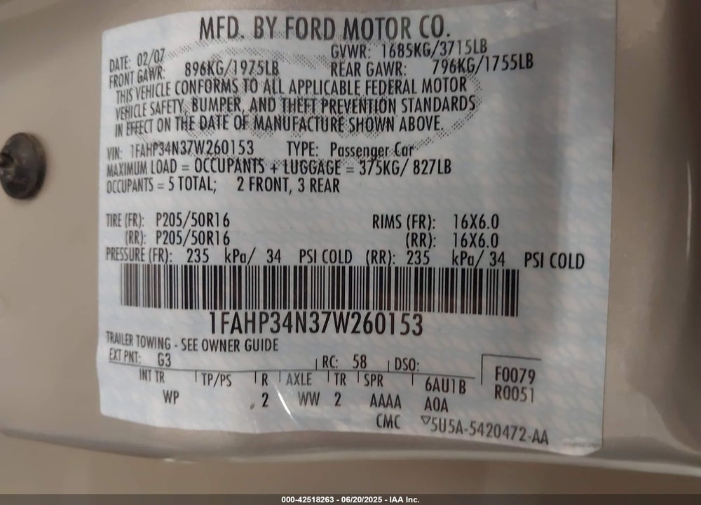 2007 FORD FOCUS VIN: 1FAHP34N37W260153