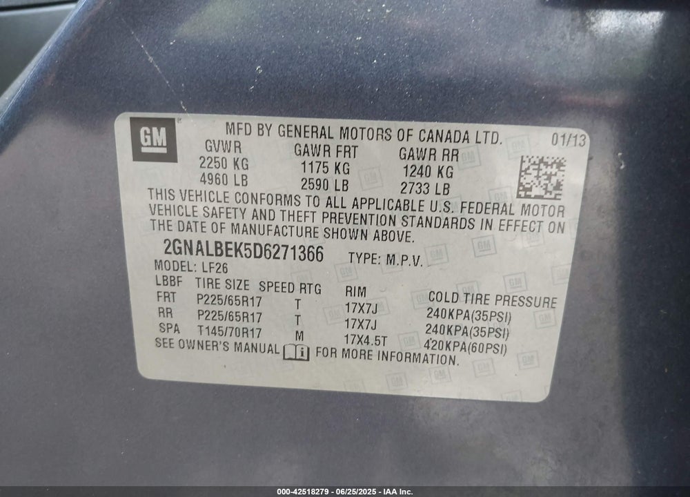 2013 CHEVROLET EQUINOX VIN: 2GNALBEK5D6271366