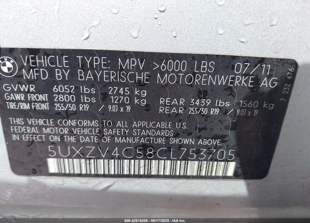 2012 BMW X5 VIN: 5UXZV4C58CL753705