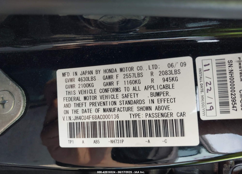 2010 ACURA TSX VIN: JH4CU4F68AC000136