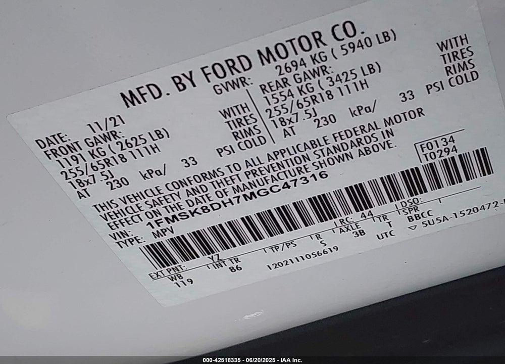 2021 FORD EXPLORER VIN: 1FMSK8DH7MGC47316
