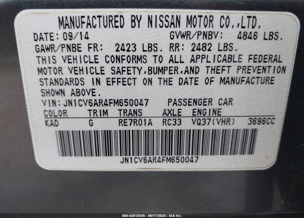 2015 INFINITI Q40 VIN: JN1CV6AR4FM650047