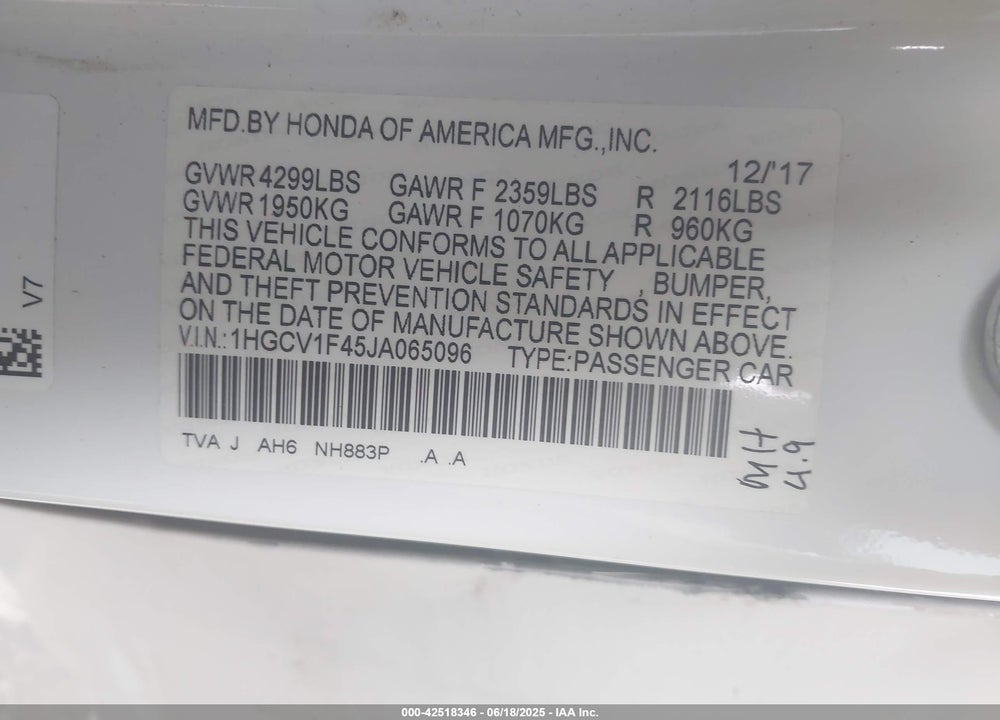 2018 HONDA ACCORD EX VIN: 1HGCV1F45JA065096