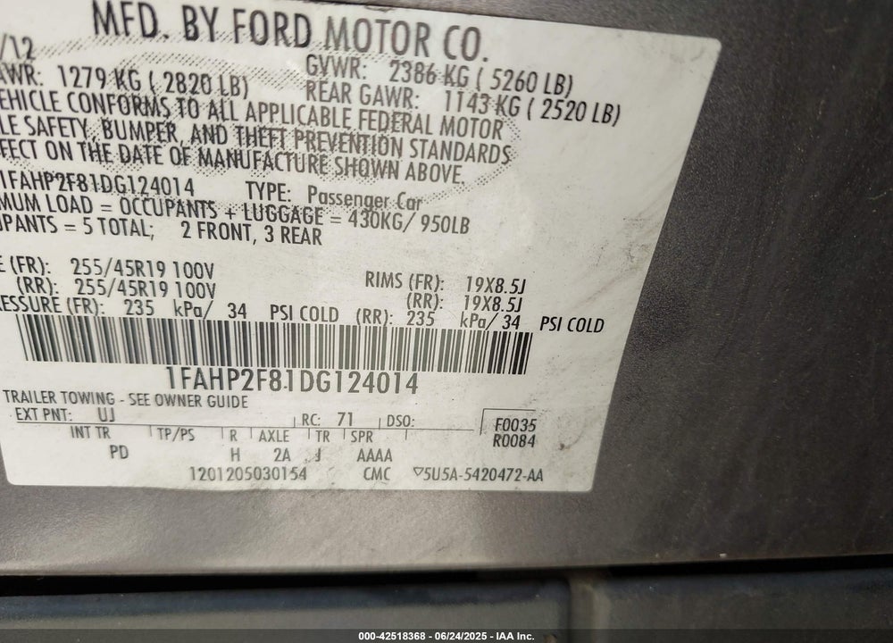 2013 FORD TAURUS LIMITED VIN: 1FAHP2F81DG124014