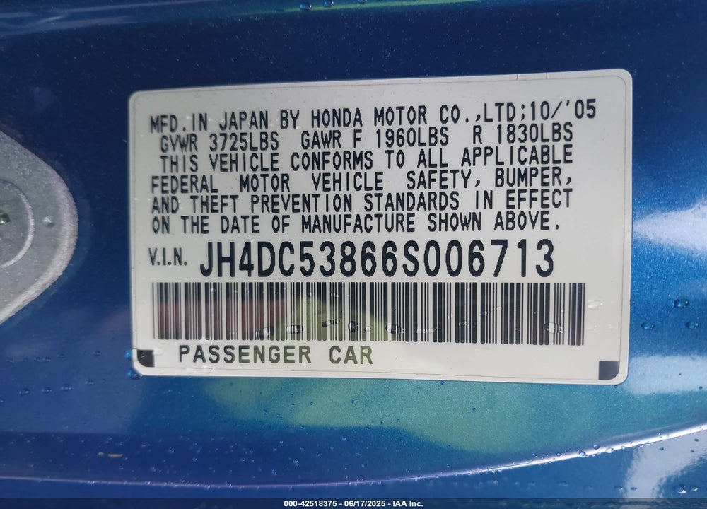 2006 ACURA RSX VIN: JH4DC53866S006713