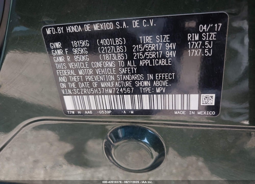 2017 HONDA HR-V VIN: 3CZRU5H37HM724567