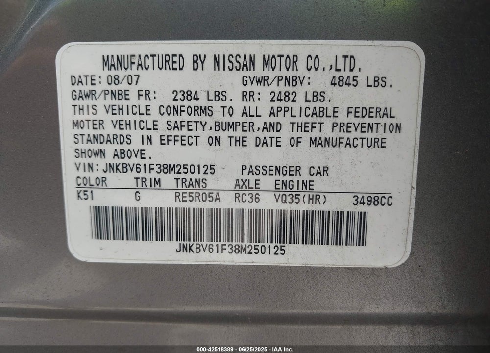 2008 INFINITI G35X VIN: JNKBV61F38M250125