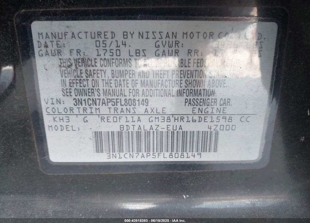 2015 NISSAN VERSA VIN: 3N1CN7AP5FL808149