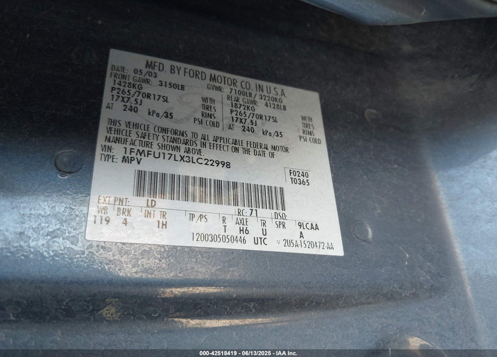 2003 FORD EXPEDITION EDDIE BAUER VIN: 1FMFU17LX3LC22998