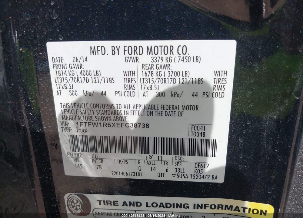 2014 FORD F-150 VIN: 1FTFW1R6XEFC38738