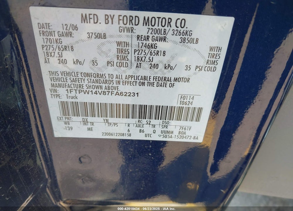2007 FORD F-150 VIN: 1FTPW14V87FA62231