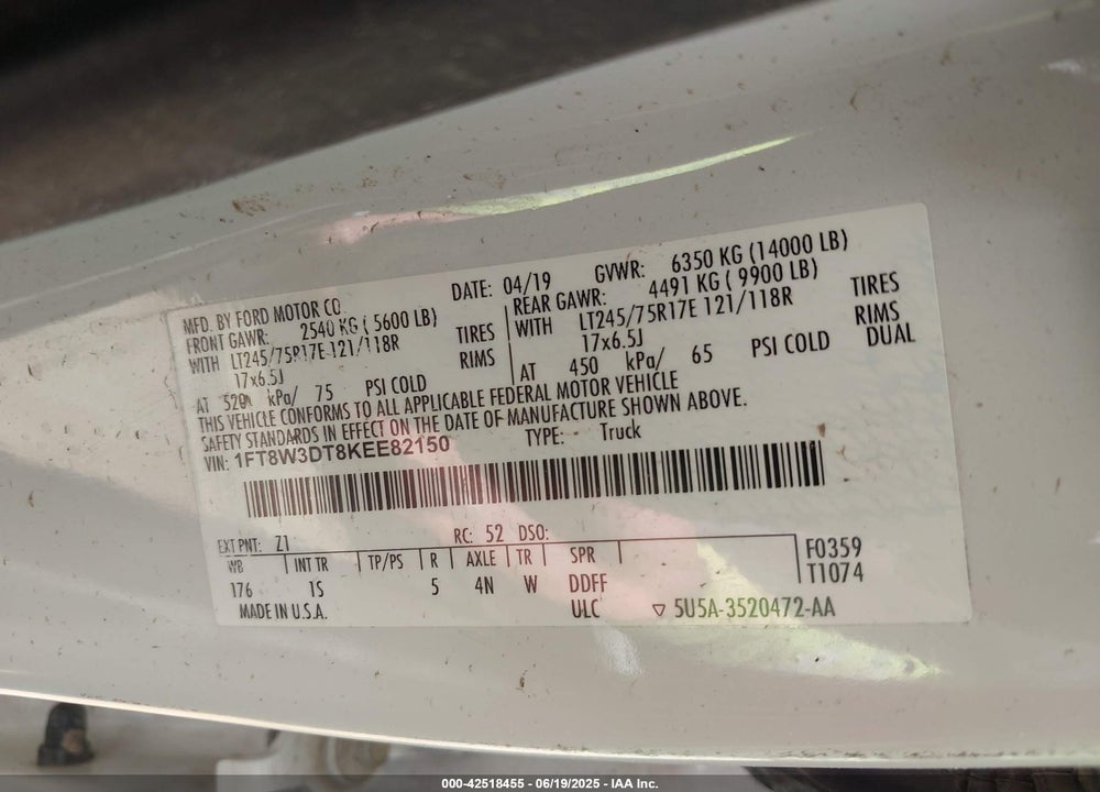 2019 FORD F-350 XL VIN: 1FT8W3DT8KEE82150