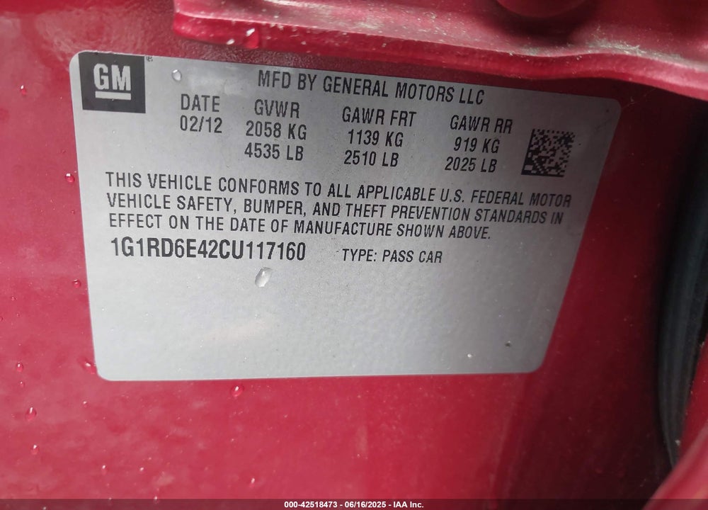 2012 CHEVROLET VOLT VIN: 1G1RD6E42CU117160