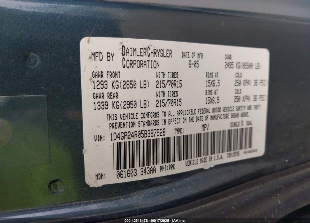 2005 DODGE GRAND CARAVAN SE VIN: 1D4GP24R05B397528