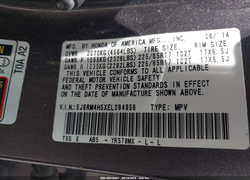 2014 HONDA CR-V VIN: 5J6RM4H5XEL094956
