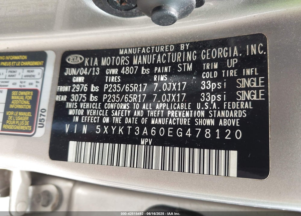 2014 KIA SORENTO VIN: 5XYKT3A60EG478120