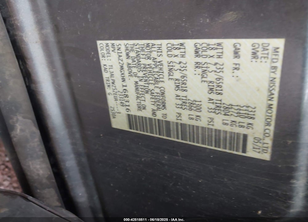 2017 NISSAN MURANO VIN: 5N1AZ2MGXHN168316