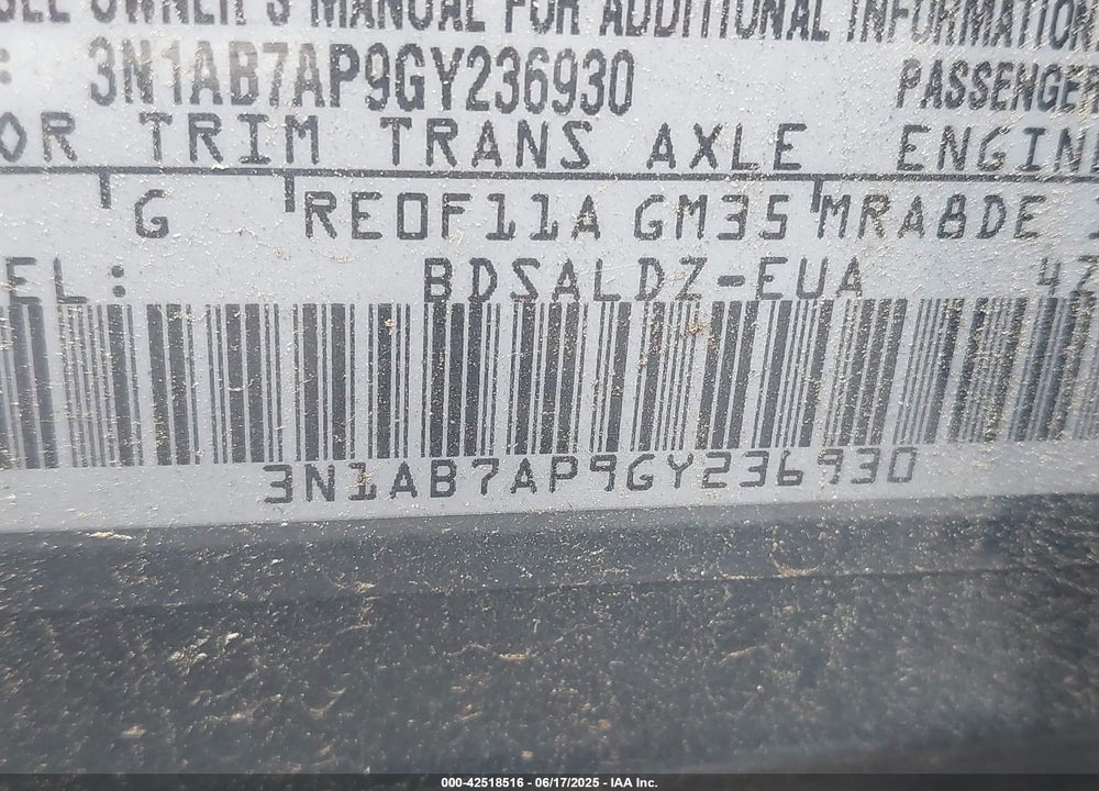 2016 NISSAN SENTRA VIN: 3N1AB7AP9GY236930