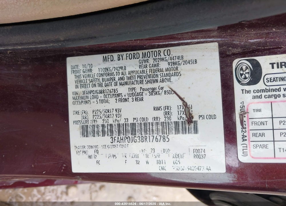 2011 FORD FUSION SEL VIN: 3FAHP0JG3BR176785