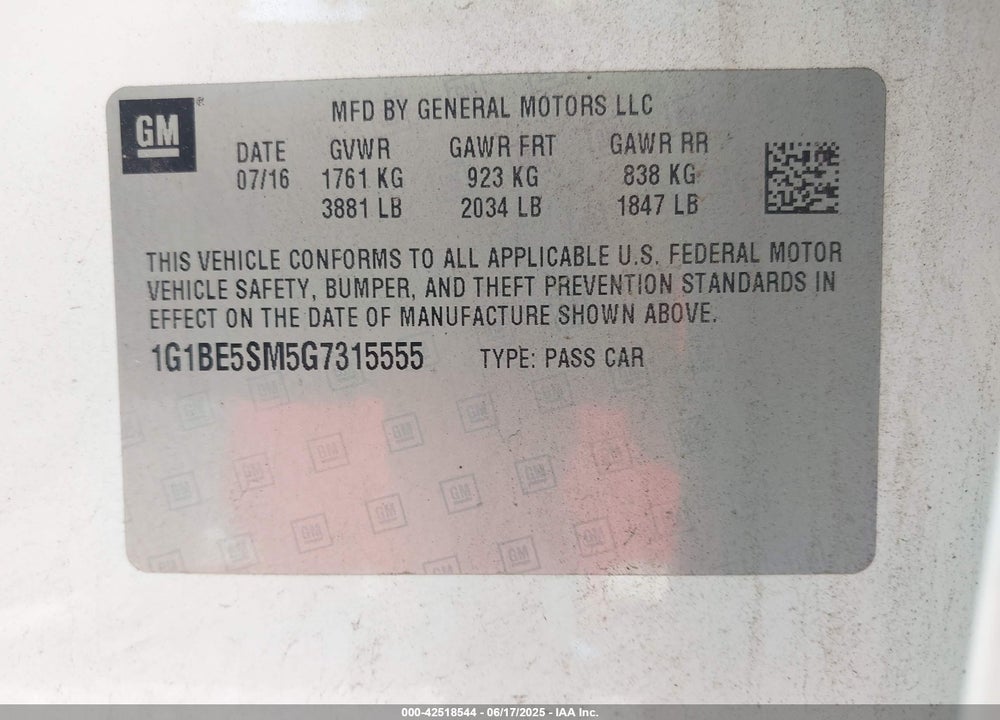 2016 CHEVROLET CRUZE VIN: 1G1BE5SM5G7315555